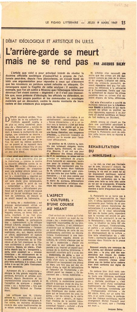 “Débat idéologique et artistique en URSS. L’ arrière-garde se meurt mais ne se rend pas”