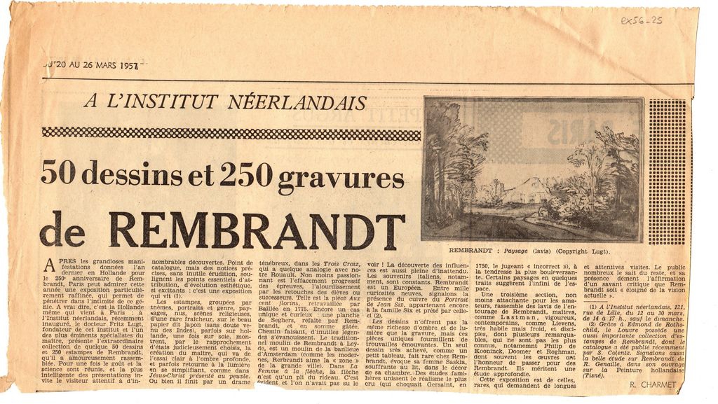 “A l’ Institut Néerlandais 50 dessins et 250 gravures de Rembrandt”