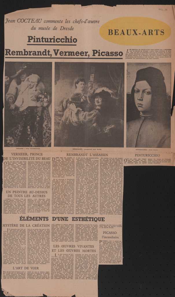 “Jean Cocteau commente les chefs d’ oeuvre du musée de Dresde. Pinturicchio, Rembrandt, Vermeer, Picasso”