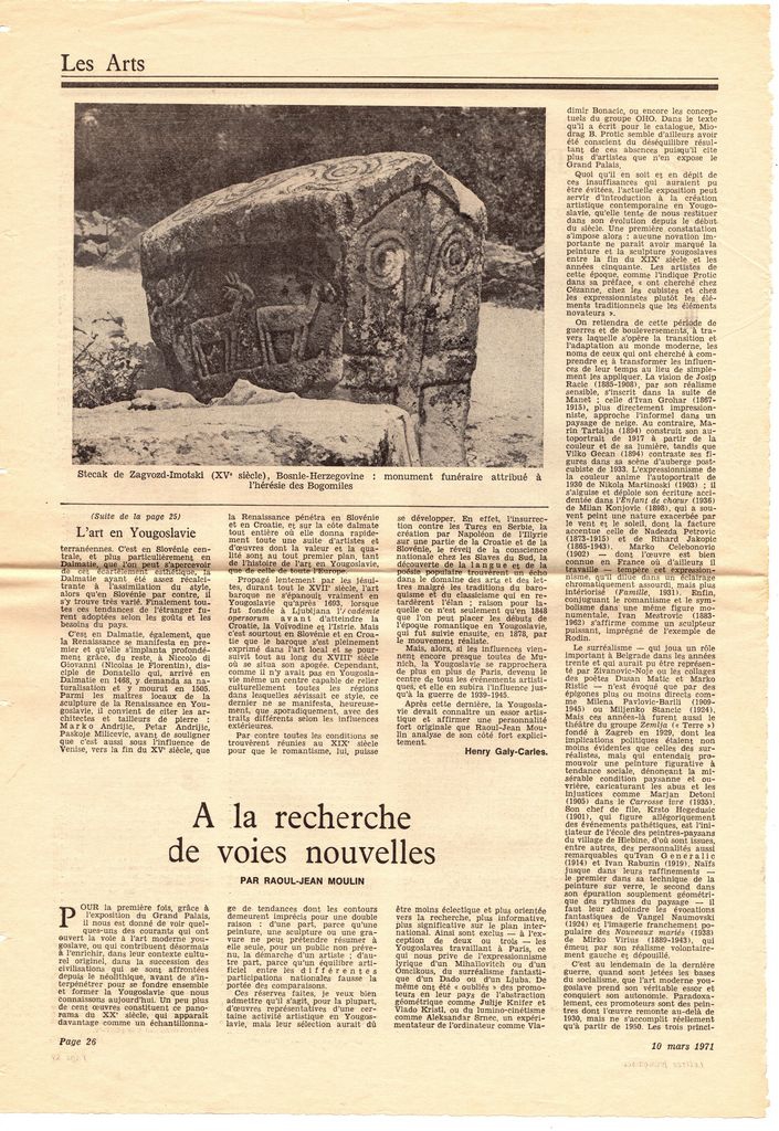 “L’ art en Yougoslavie de la préhistoire à nos jours. Des trésors inestimables”