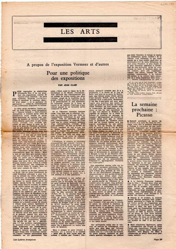 “A propos de l’exposition Vermeer et d’ autres. Pour une politique des expositions”