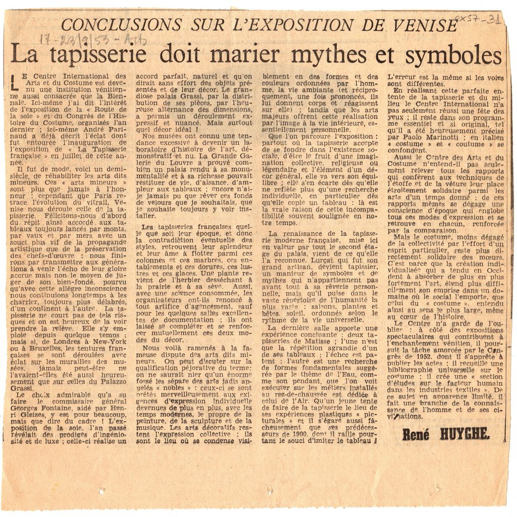 “Conclusions sur l’ exposition de Venise. La tapisserie doit marier mythes et symboles”