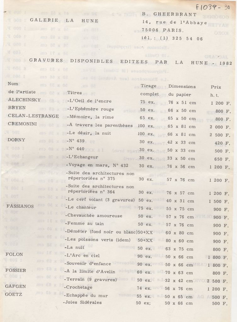 Έντυπο της γκαλερί “La Hune”