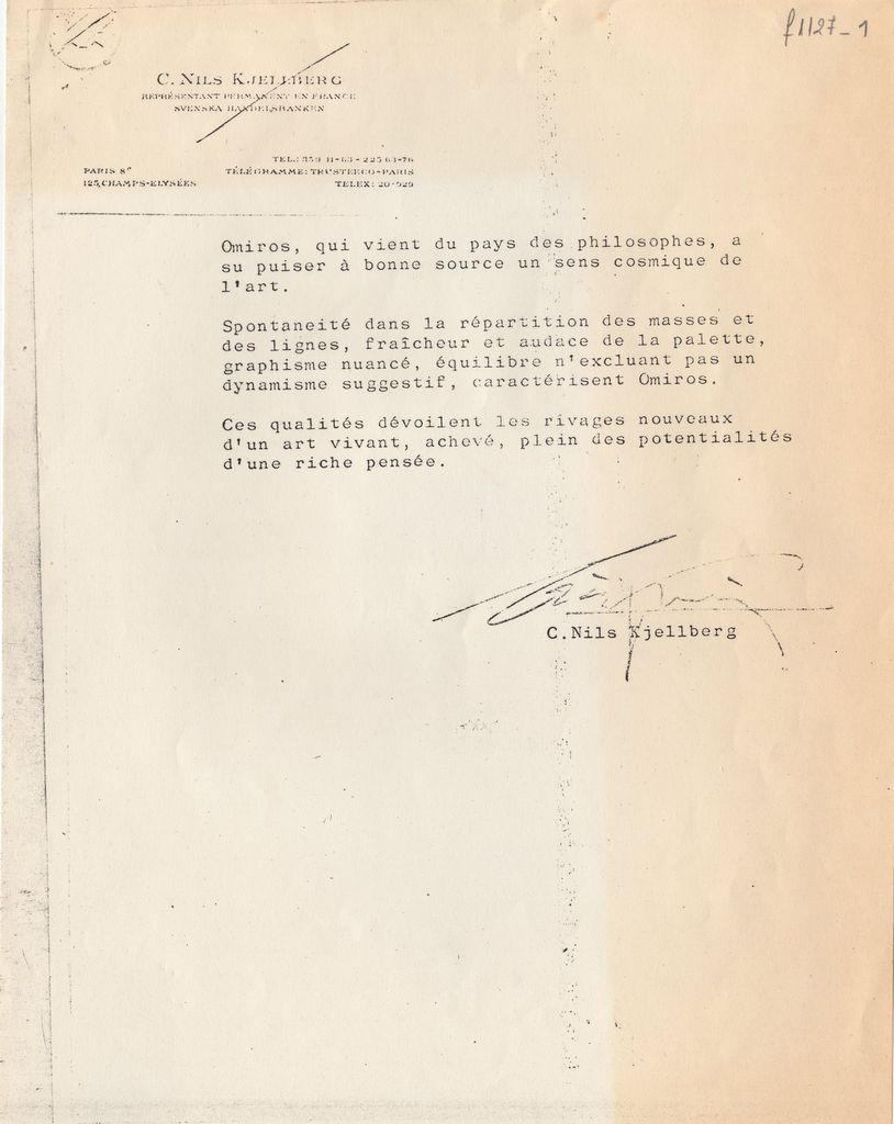 Συστατική επιστολή του Nils Kjellberg για τον Όμηρο Χρυσόπουλο