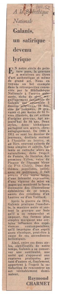 “A la Bibliothèque Nationale. Galanis, un satirique devenu lyrique”