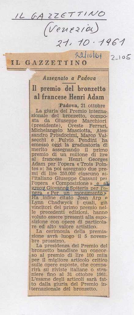 “Il premio del bronzetto al francese Henri Adam”