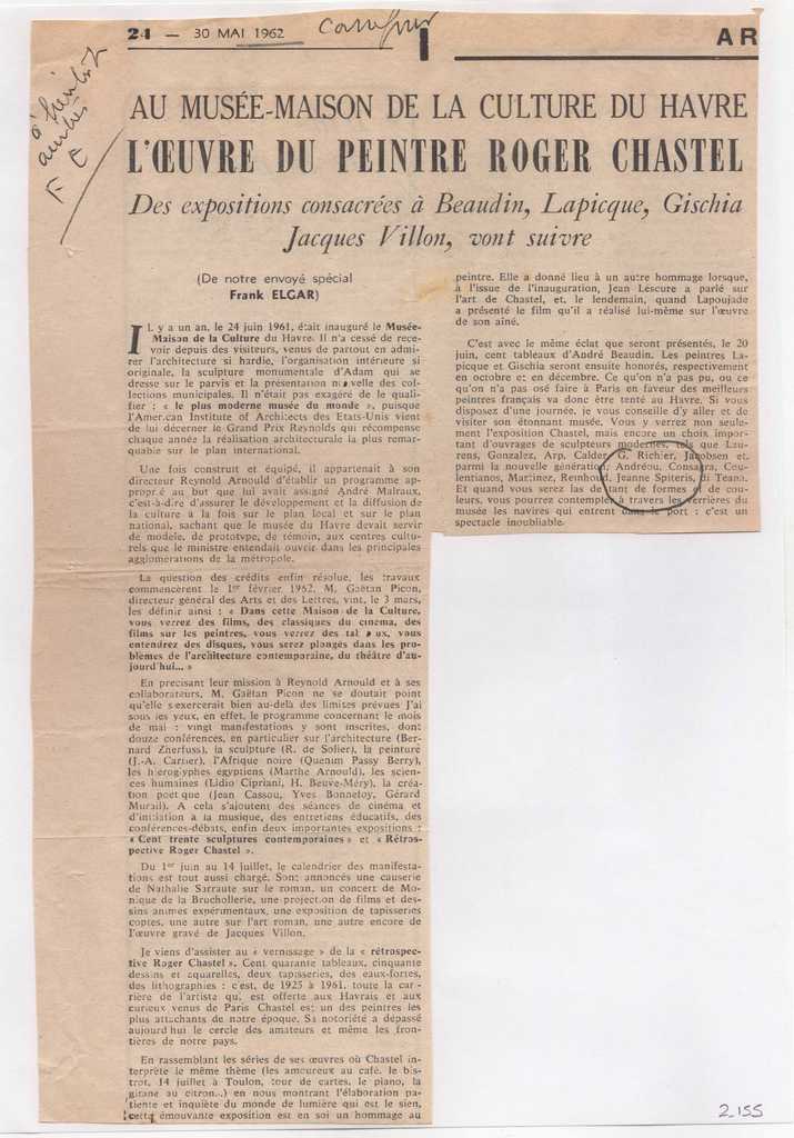 “Au Musée Maison de la culture du Havre. L’ oeuvre du peintre Roger Chastel”