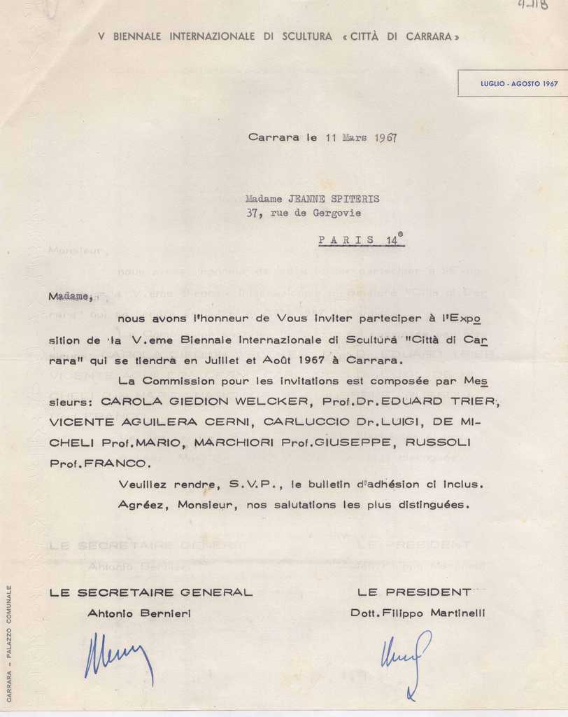 Επιστολή-πρόσκληση από τους Antonio Bernieri και Filippo Martinelli προς την I. Βεροπούλου-Σπητέρη