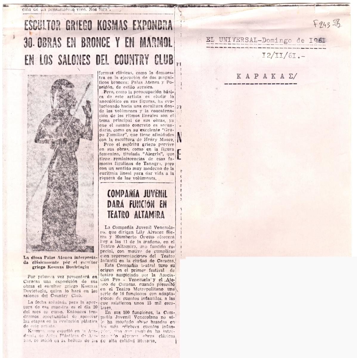 “Escultor griego Kosmas Expondra 30 obras en bronce y en marmol en los Salones del Country Club”