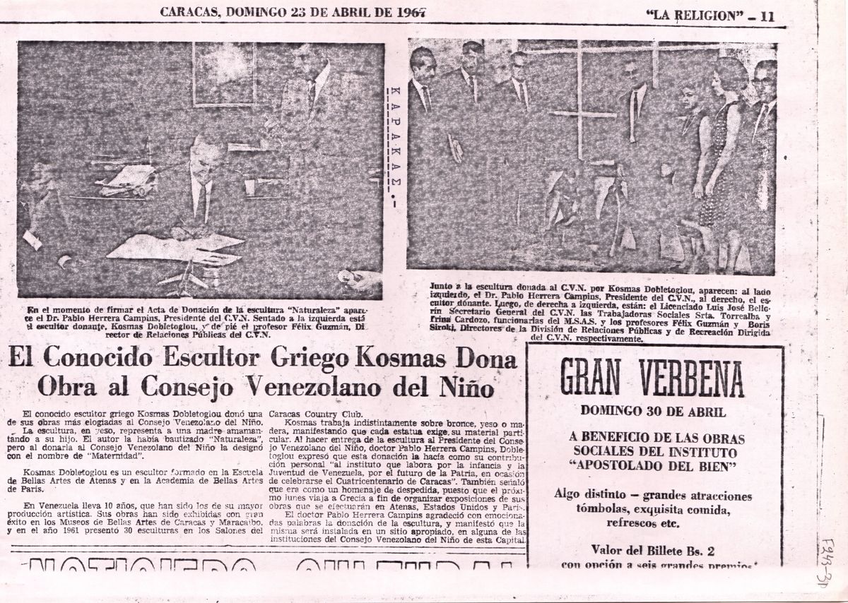 “El Conosido escultor griego Kosmas Dona Obra al Consejo Venezolano del Niño”