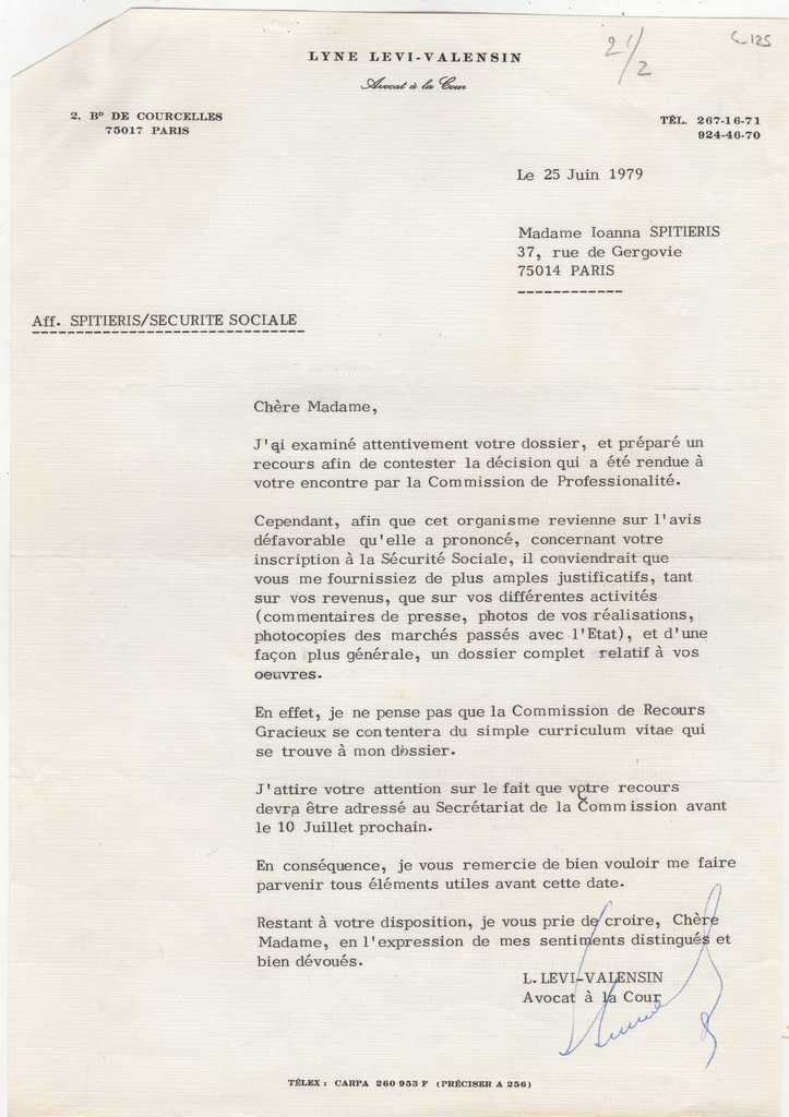 Δακτυλόγραφη επιστολή, χαρτί, στα γαλλικά, απεσταλμένη από τον L. Levi Valencin, προς την Ιωάννα Βεροπούλου-Σπητέρη, αναφορικά με έγγραφα για την ασφάλισή της στην Γαλλία, 25/06/1979