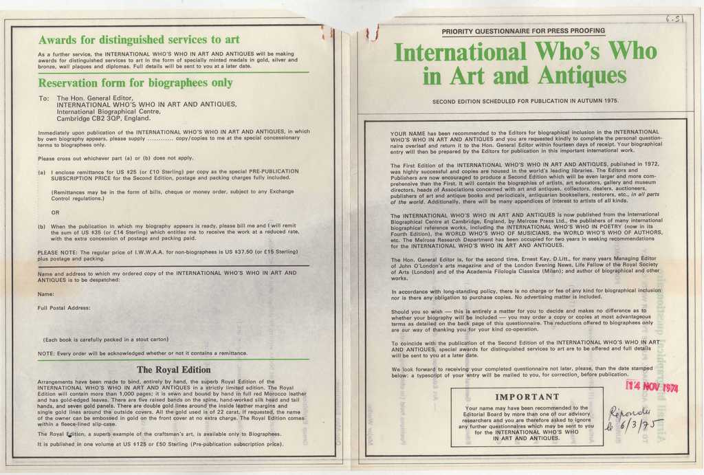Ερωτηματολόγιο “International who’ s who in art and antiques”
