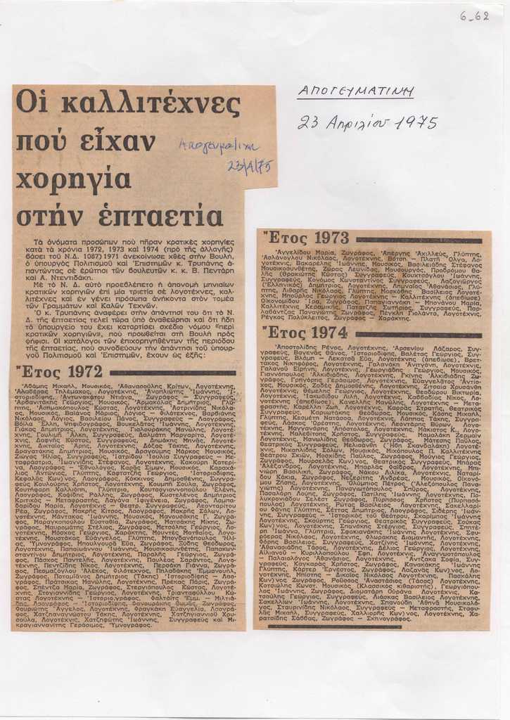 Απόκομμα, χαρτί, 2 φφ, στα ελληνικά, δημοσίευσης “Οι καλλιτέχνες που είχαν χορηγία στην επταετία”, εφημερίδα Απογευματινή, 23/04/1975 (αναγράφεται η Ιωάννα Βεροπούλου- Σπητέρη)