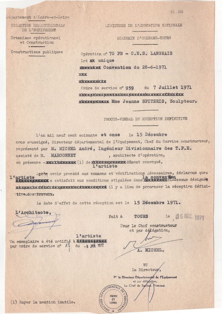 Δημόσιο έγγραφο από την διέυθυνση της νομαρχίας του Indre et Loire στην Ι. Σπητέρη
