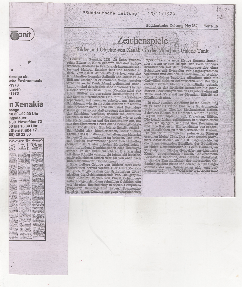 “Zeichenspiele. Bilder und Objekte von Xenakis in der Münchner Galerie Tanit”